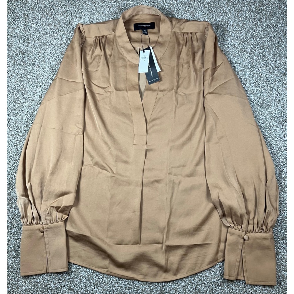 Banana Republic Satin Volume Sleeve V-Neck Blouse Tan 582096-06 Medium New